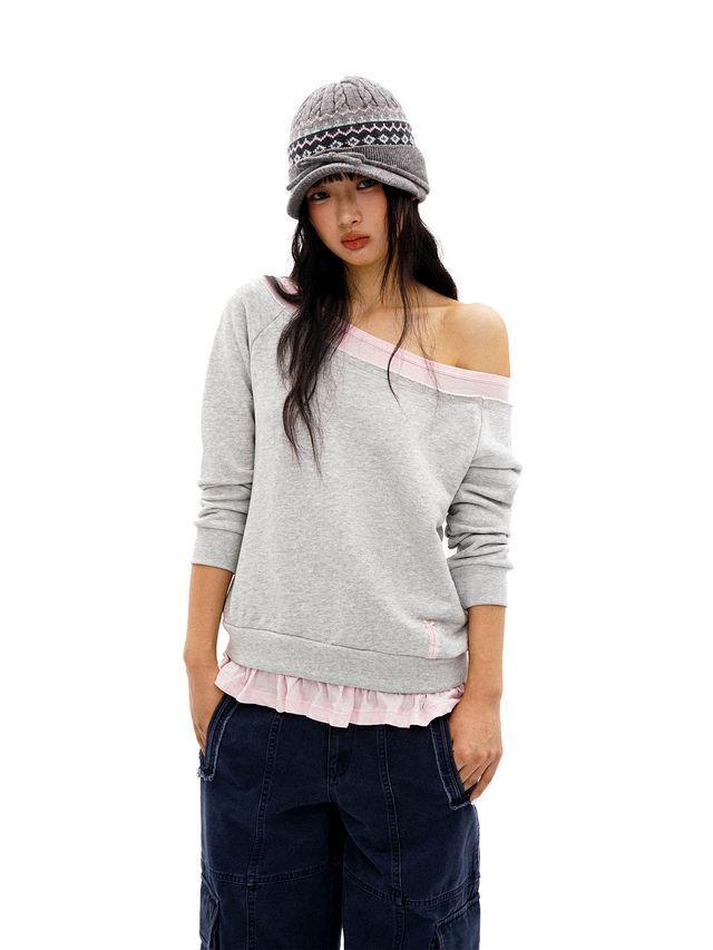 [Moromoro2] Faux Two-piece Off-shoulder Ruffle Sweatshirt