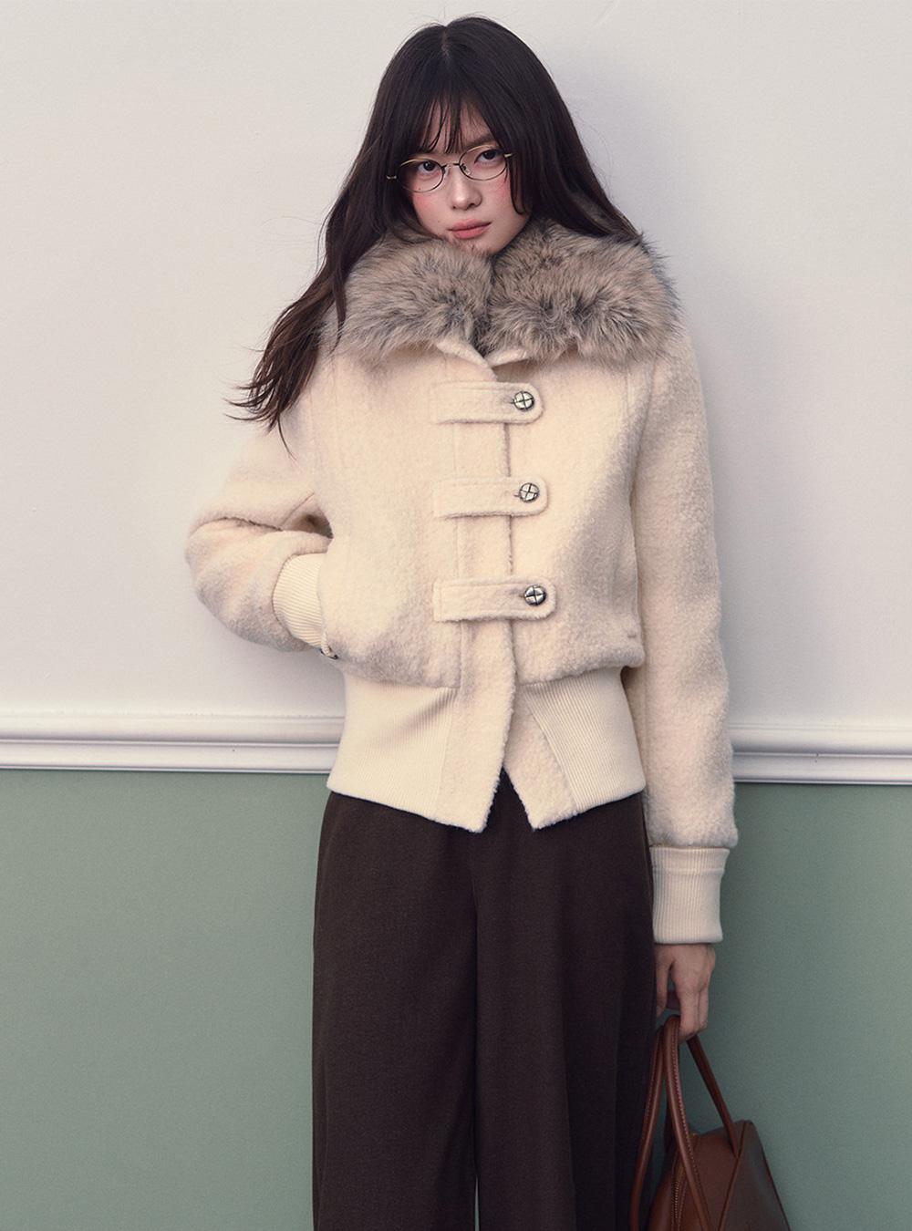 Off White Wool Trim Short Down Jacket