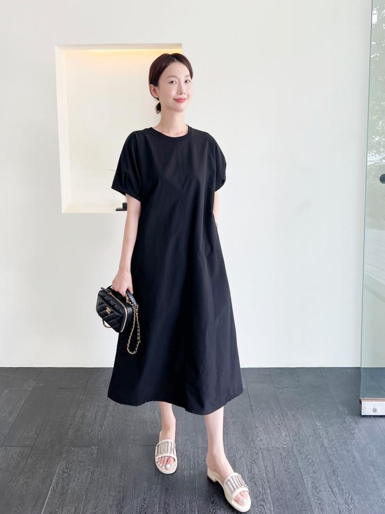 블랙 오늘출발 스판 벌룬 롱 여름 A라인 유넥 포켓 반팔 원피스