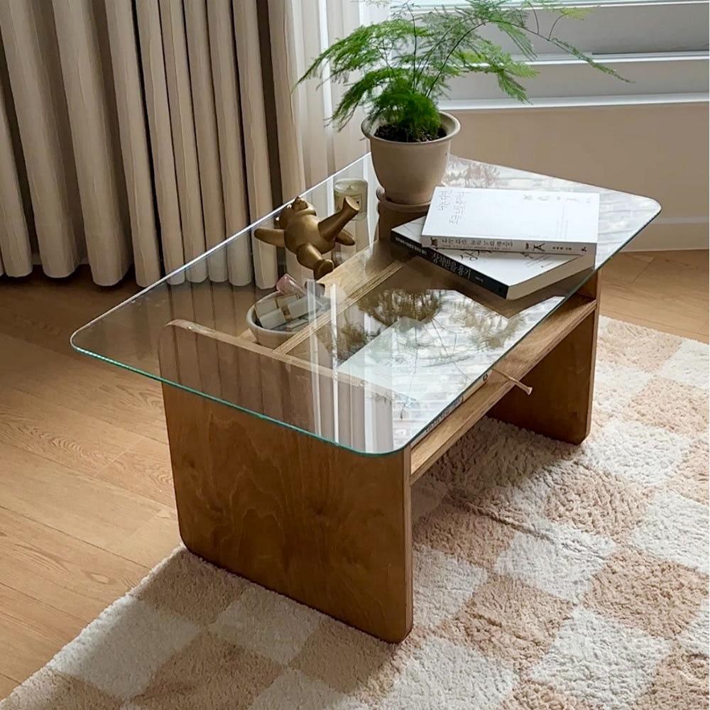 DE 유리 테이블, 원목 미니 보조 테이블 이동식 침대테이블
