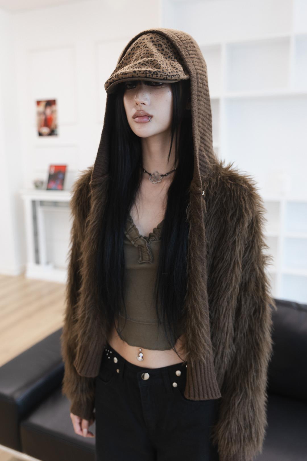 [Sepia] Fur hood cardigan (Brown)