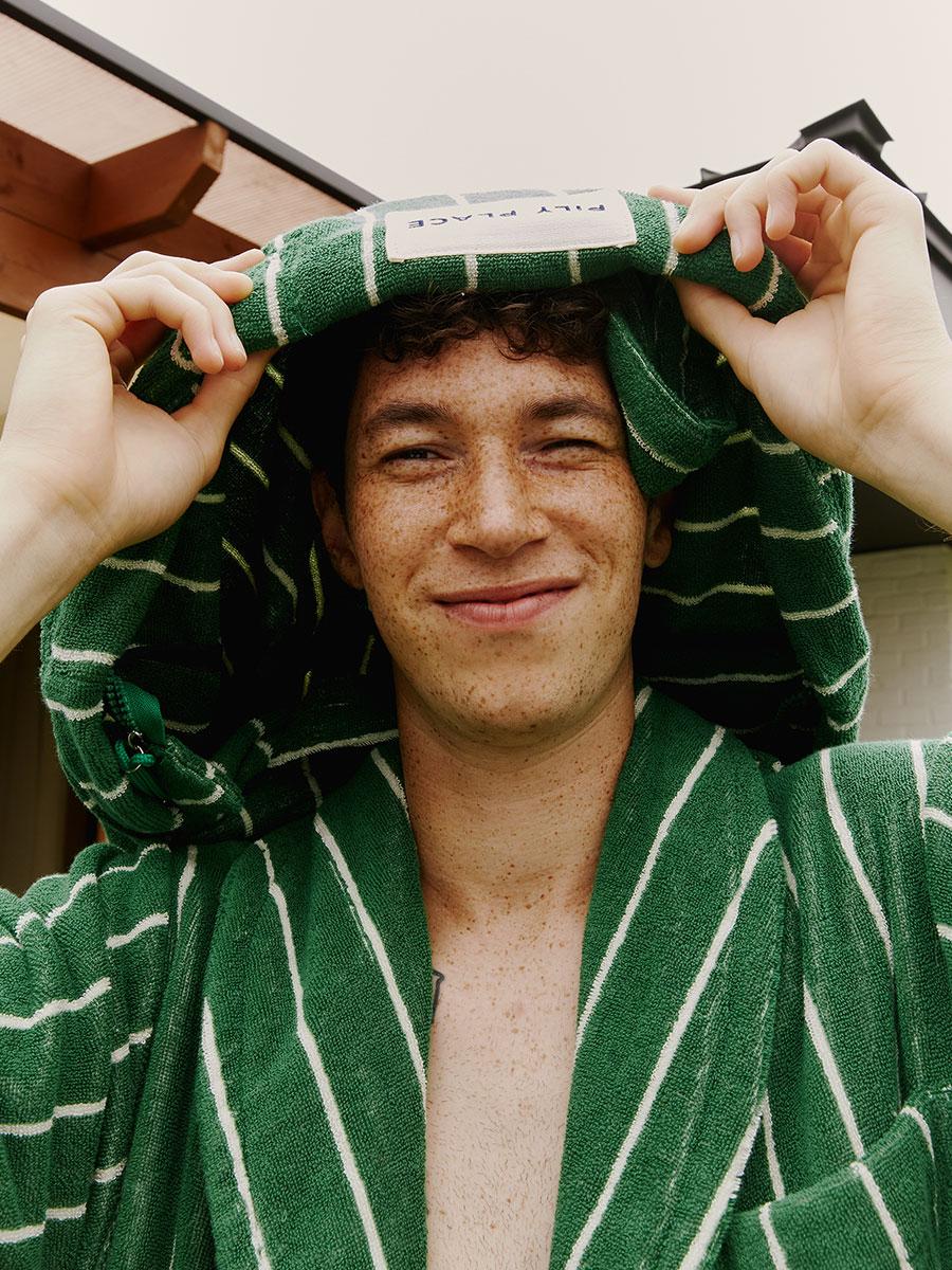 Terry Shower Gown_Green Pin Stripe