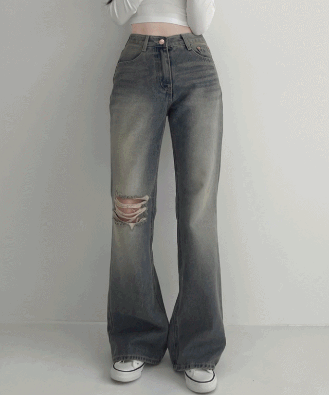 [인생무파진/핏보장] 데미지 구제 빈티지 무릎 트임 세미 부츠컷 롱 와이드 데님 팬츠