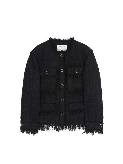 TWO WAY COLLARLESS TWEED JACKET IN BLACK