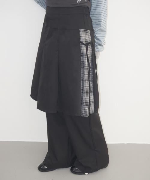 올데이 데이지 옆선 체크배색 미디 스커트 레이어드 와이드 핏 치마바지_2COLOR