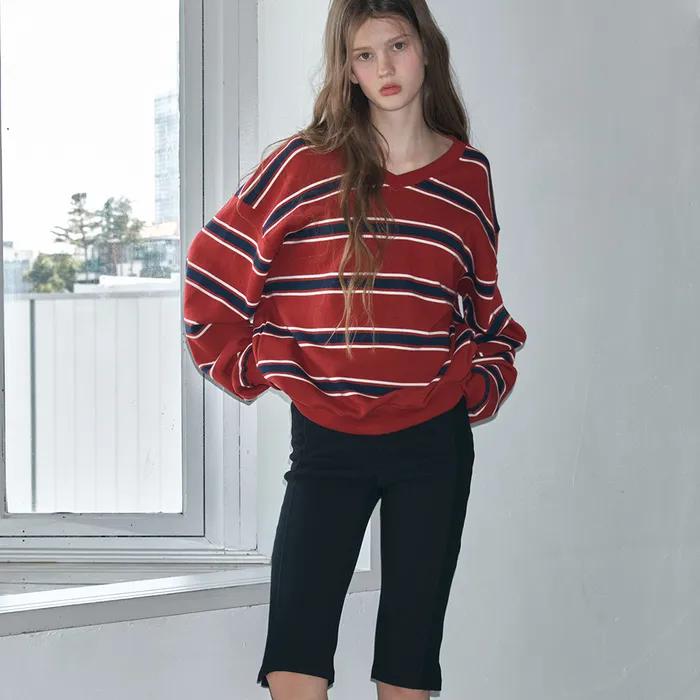 STRIPE V NECK SWEATSHIRT - RED