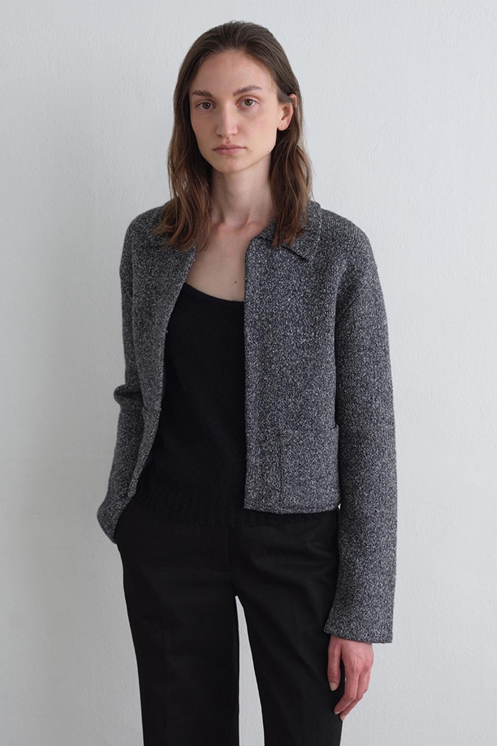 WOOL BLENDED TWEED KNIT CARDIGAN (STONE BLACK)