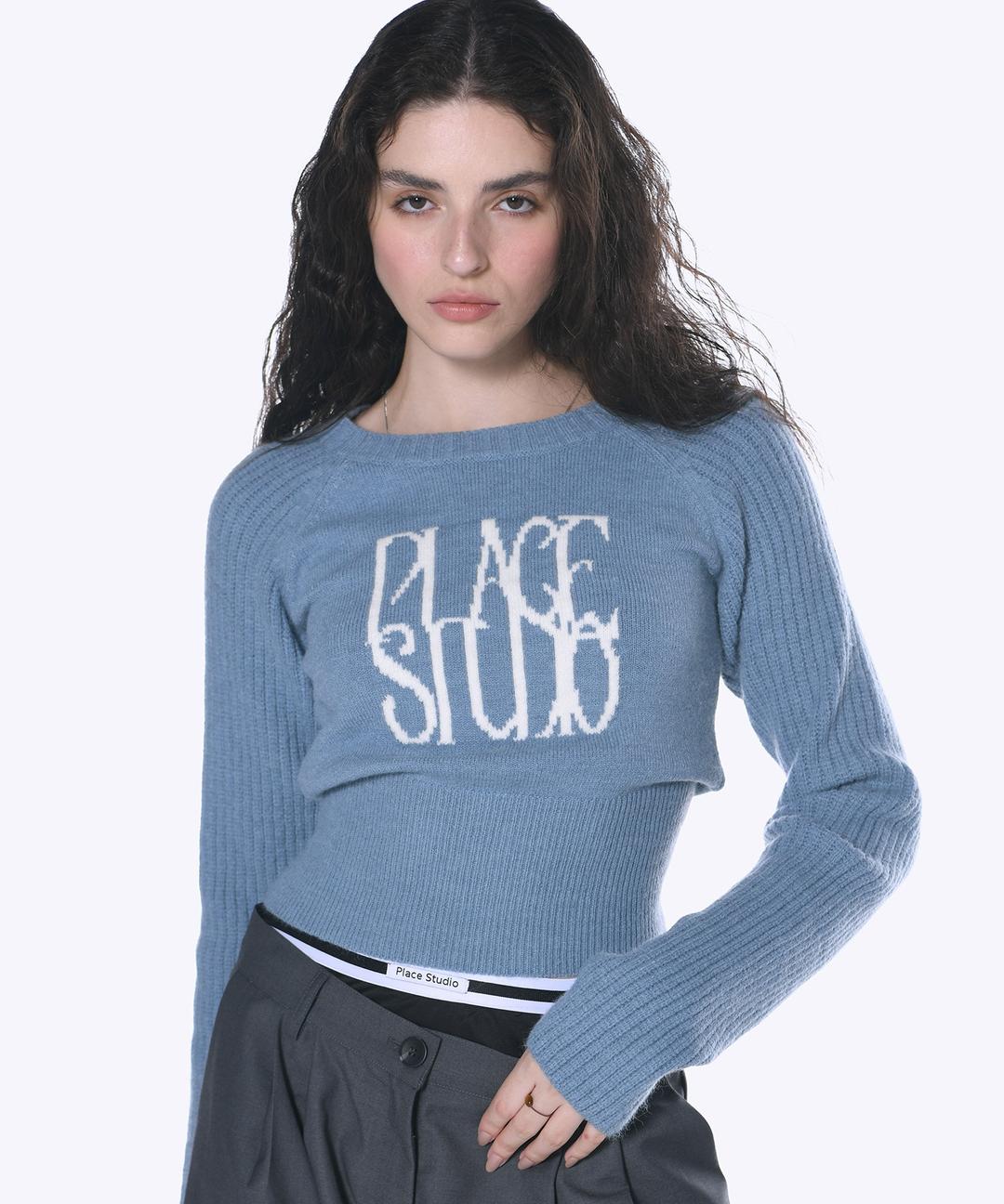 Color Block Raglan Long Sleeve Lettering Logo Crop Round Knit Sweater [Blue]