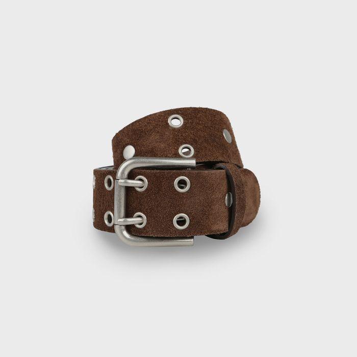 STUDDED DOUBLE HOLE BELT SUEDE BROWN
