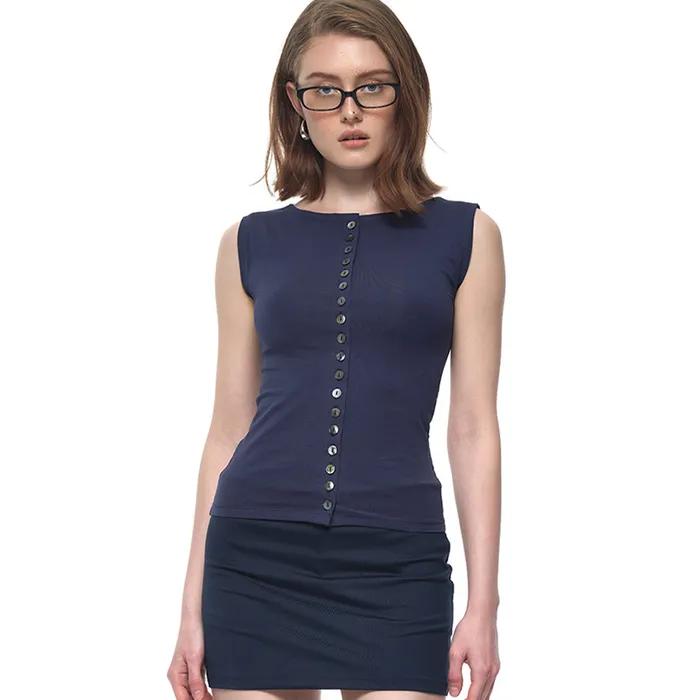 MOTHER OF PEARL BUTTON SLEEVELESS TOP (NAVY)