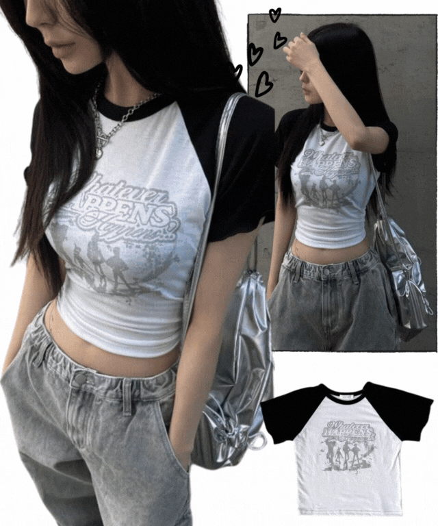 무드라벨 Kitsch 슬림핏 레글런 배색 반팔 크롭티