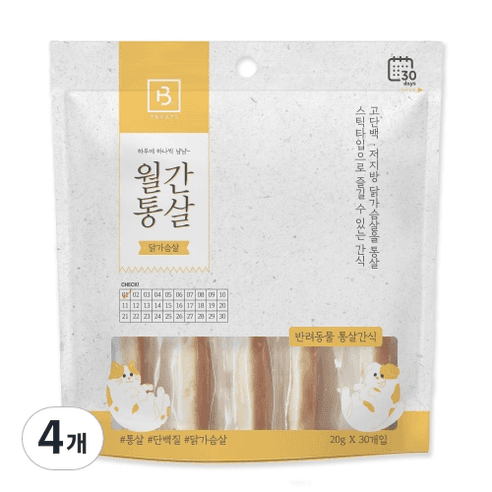 브리더랩 반려동물 월간통살 닭가슴살 스틱타입 간식 20g x 30p, 닭가슴살, 600g, 4개