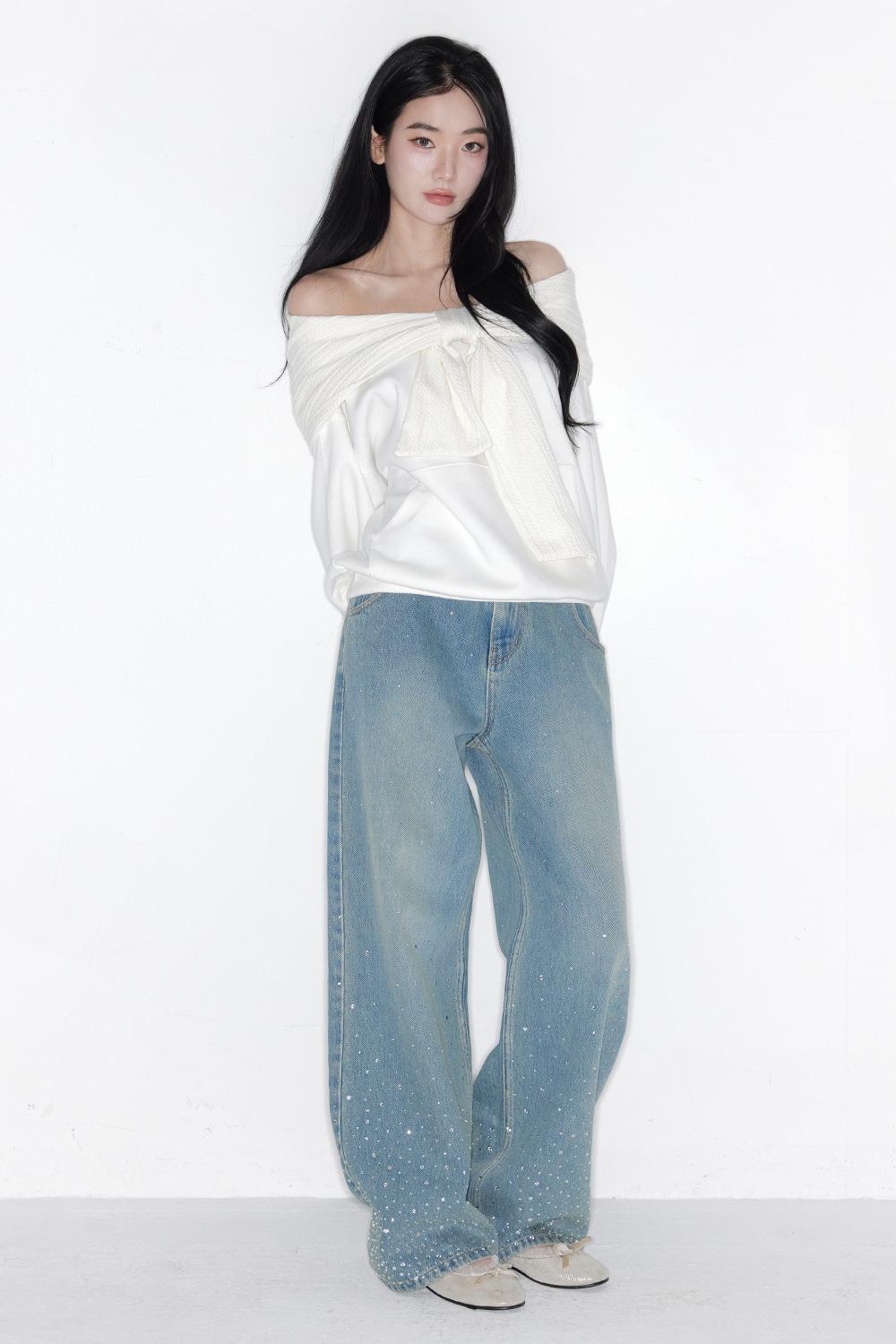 [2월 13일 순차배송] TWINKLE CRYSTAL SEMI WIDE DENIM PANTS_TT6S401LB