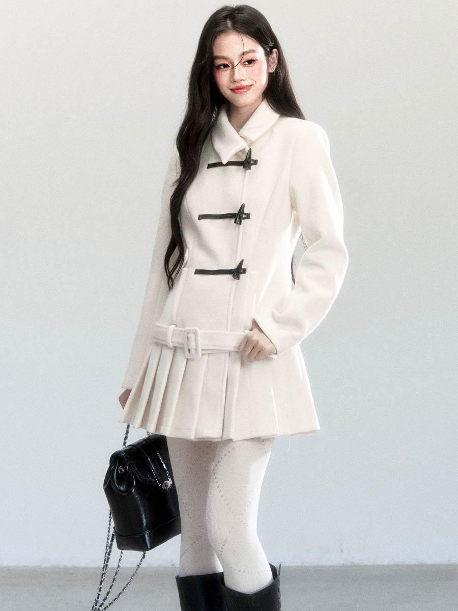 [FRAGILE HEART] Horn Pleats Belted Wool Coat