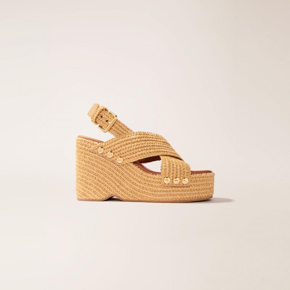라피아 크로스 웨지 샌들