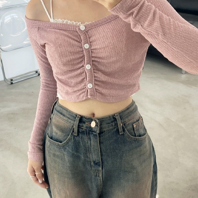 골지 크롭 오프숄더 슬림 가디건 티셔츠 (3color)
