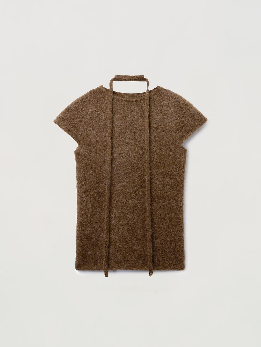 Alpaca cap sleeve half neck knitwear_brown
