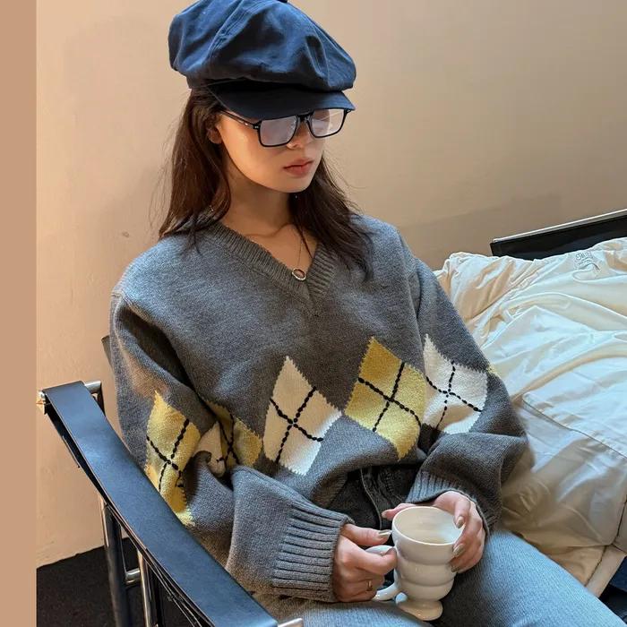 Wool blended argyle v-neck knit [TIWT02SW05]_2color