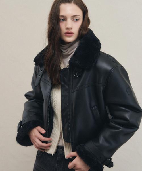 오블리크 오버핏 레더 무스탕 자켓 [ALL BLACK]