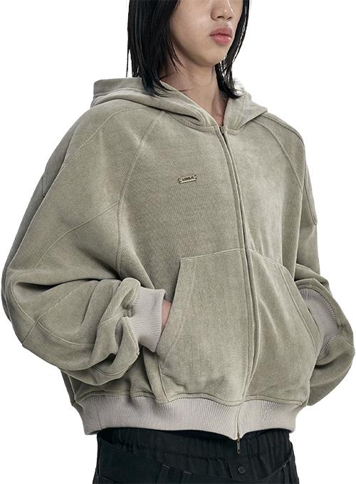 Corduroy Short Zip-Up Hoodie [ASH KHAKI]