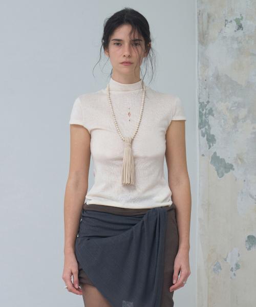 Jersey Cap-sleeve Turtleneck Top