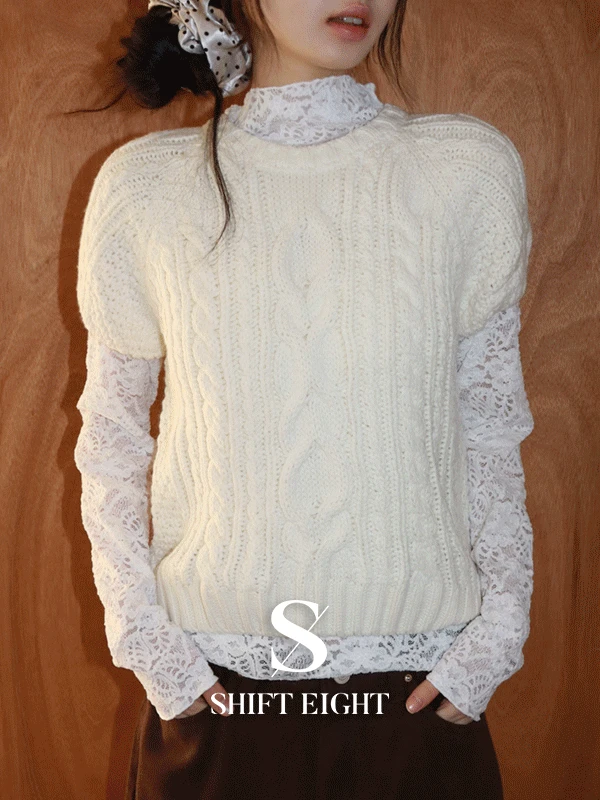 [MADE🖤/폭닥/레이어드] 루민 케이블 꽈배기 벌룬 소매 반팔 니트 3color