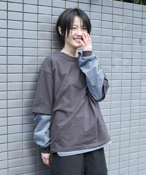 스트라이프 레이어드 긴팔티 세트 - 차콜/블루