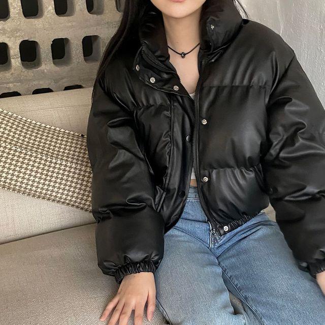 [매트블랙/빵빵충전재] 레더 크롭 루즈핏 하이넥 레더 패딩 점퍼 무광패딩 레더패딩 크롭패딩 숏패딩 루즈핏패딩