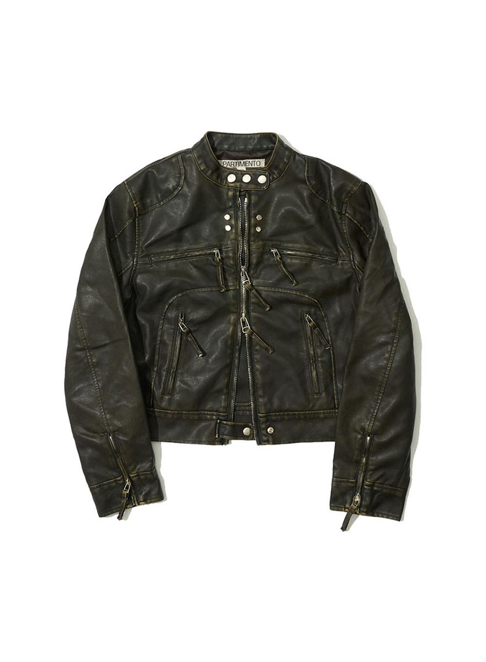 [WOMEN] WASHED LEATHER BIKER JACKET_KHAKI BROWN