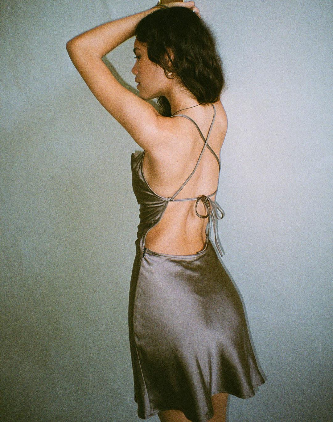 Zenita Mini Dress in Satin Dark Olive - S