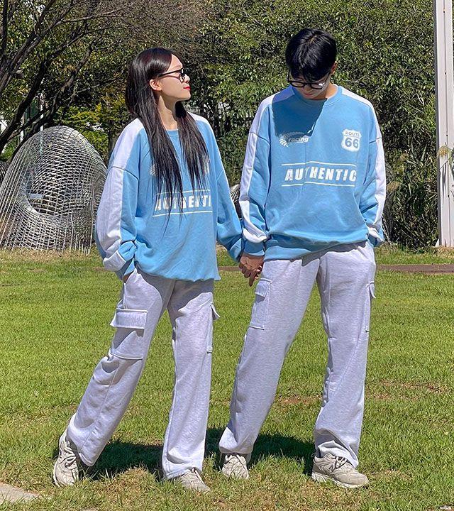 [스포티/4컬러] 레터링 오버핏 빅사이즈 가을 배색 라인 맨투맨 커플룩 시밀러룩 커플티