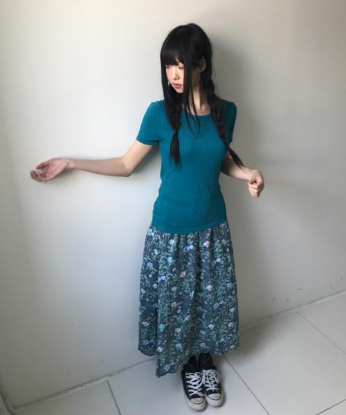 (Vintage)Flower Vintage Long Skirt(Green)