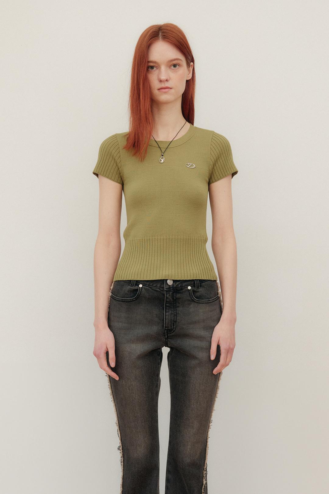 BACK RIBBON POINT KNIT TOP - YELLOW GREEN