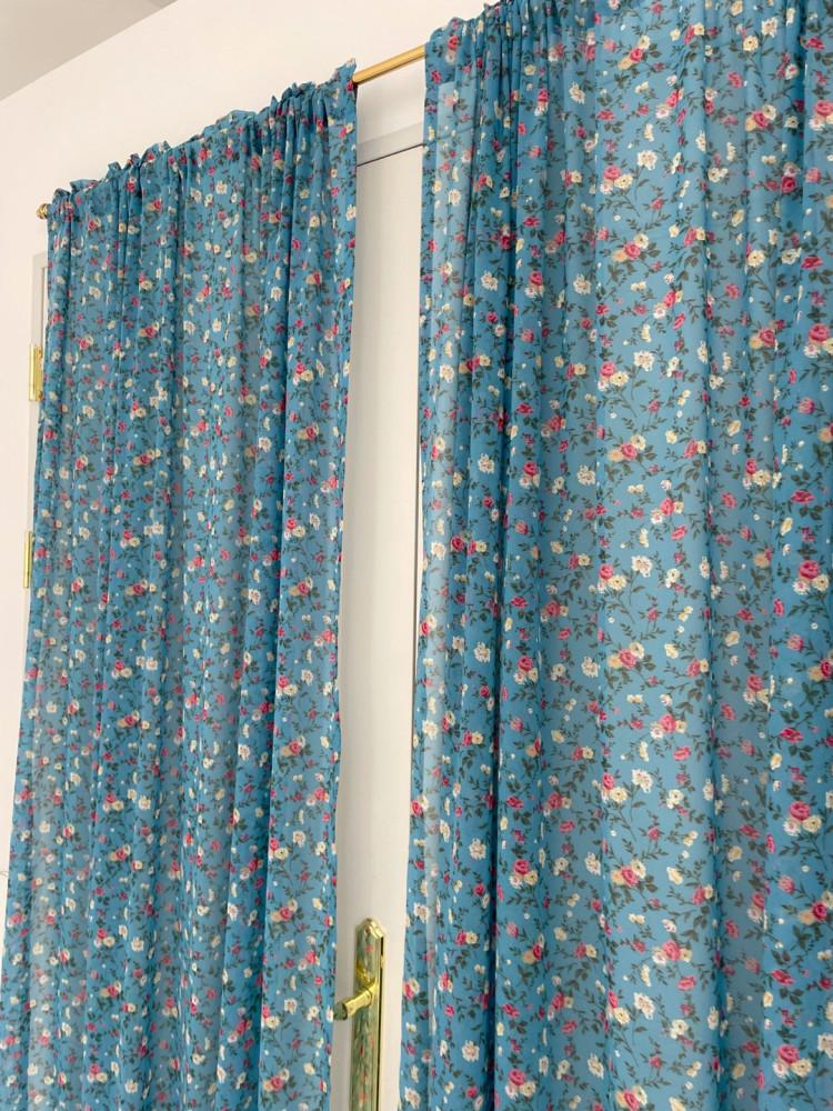 retro blue floral curtain 블루 빈티지 커튼 쉬폰 플라워 꽃무늬