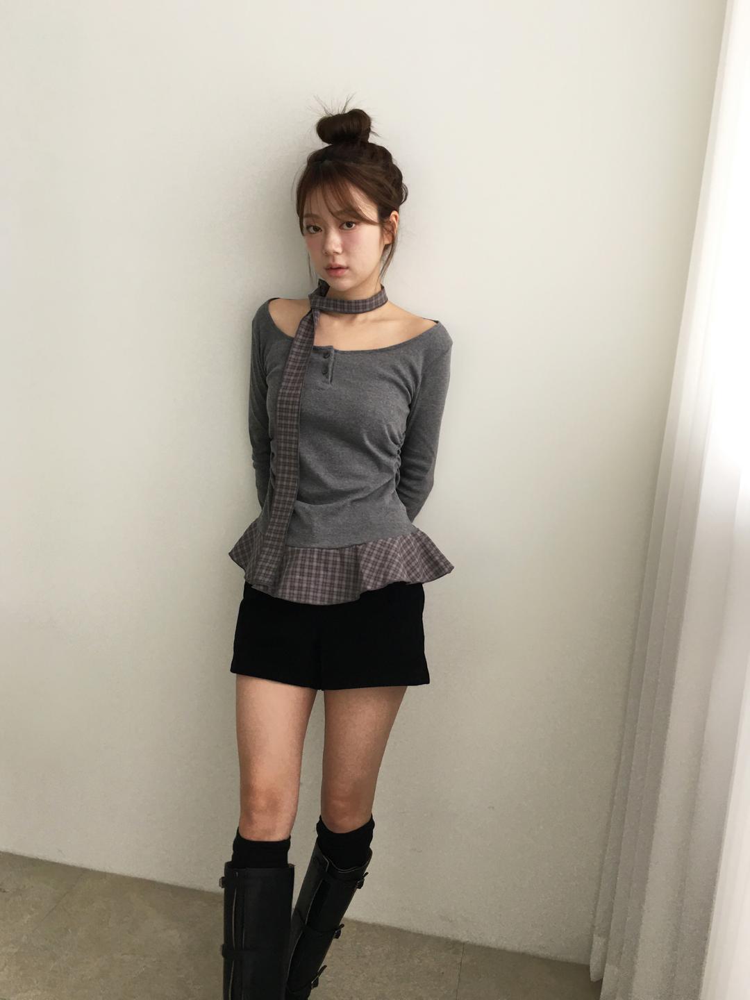 노비야카 Check layered scarf T  (gray, navy)
