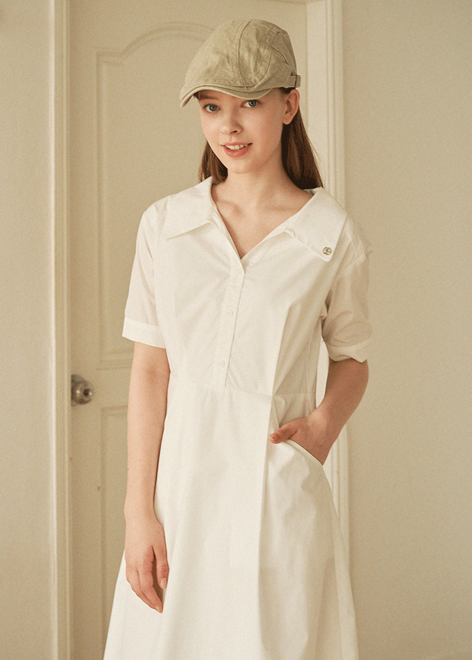 [44-120]  Apfelblueten M-Point Open Collar Long Dress  아펠블뤼텐 엠-포인트 오픈 카라 롱 드레스 (여름-바캉스룩-여행룩-마실룩-데일리룩-출근룩-오피스룩-셔츠원피스-브이넥-플레어라인-자체제작)