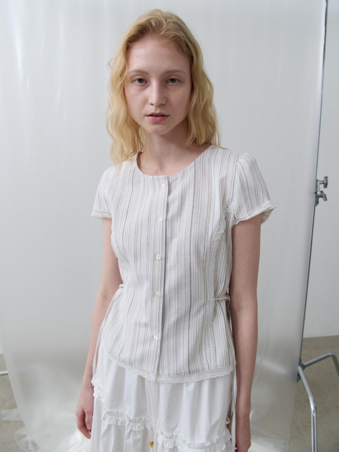 [2차] Mir Striped Lace Detail Blouse (Ivory)