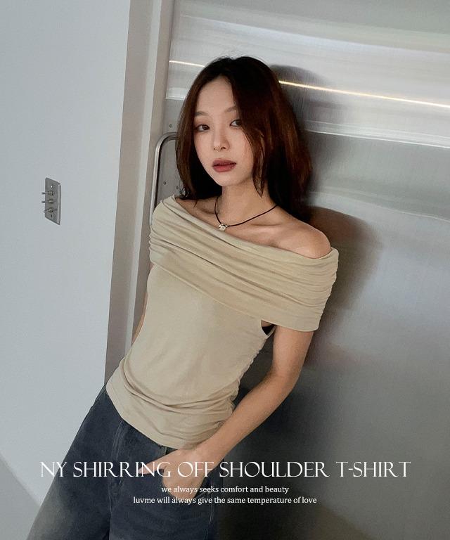 [55-99/팔뚝커버❤]엔와이 셔링 오프숄더 티셔츠