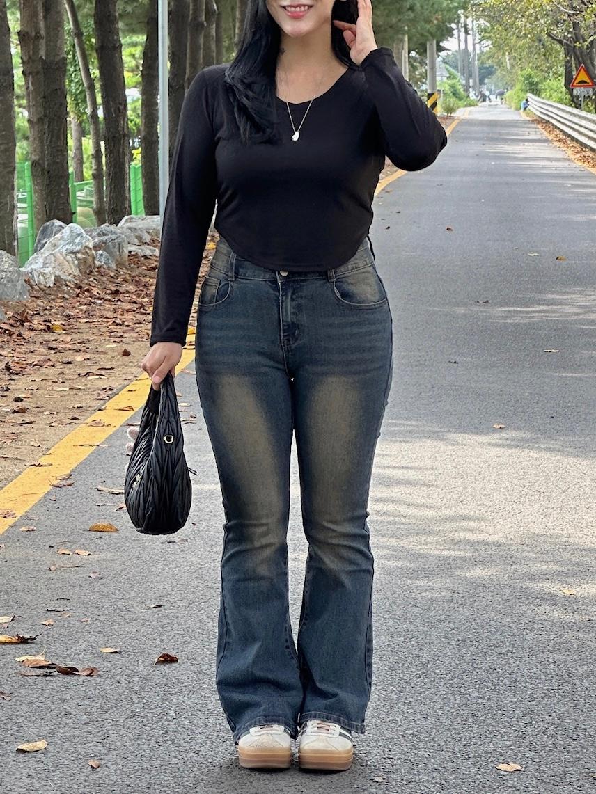 앙빼더데이 1441 [골반뽕/3기장] 캣브러쉬 워싱 투버튼 부츠컷 데님 팬츠[5color/S-2XL]