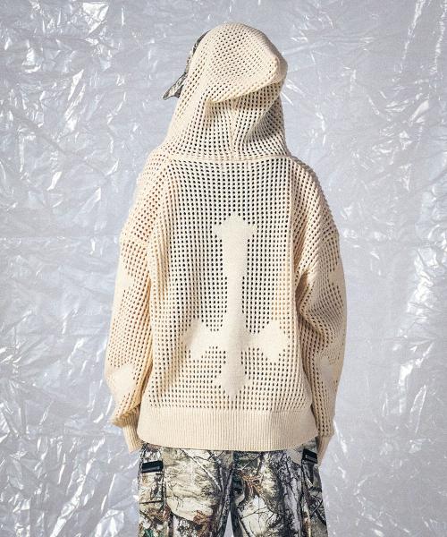 CROSS MESH ZIP HOODIE IVORY