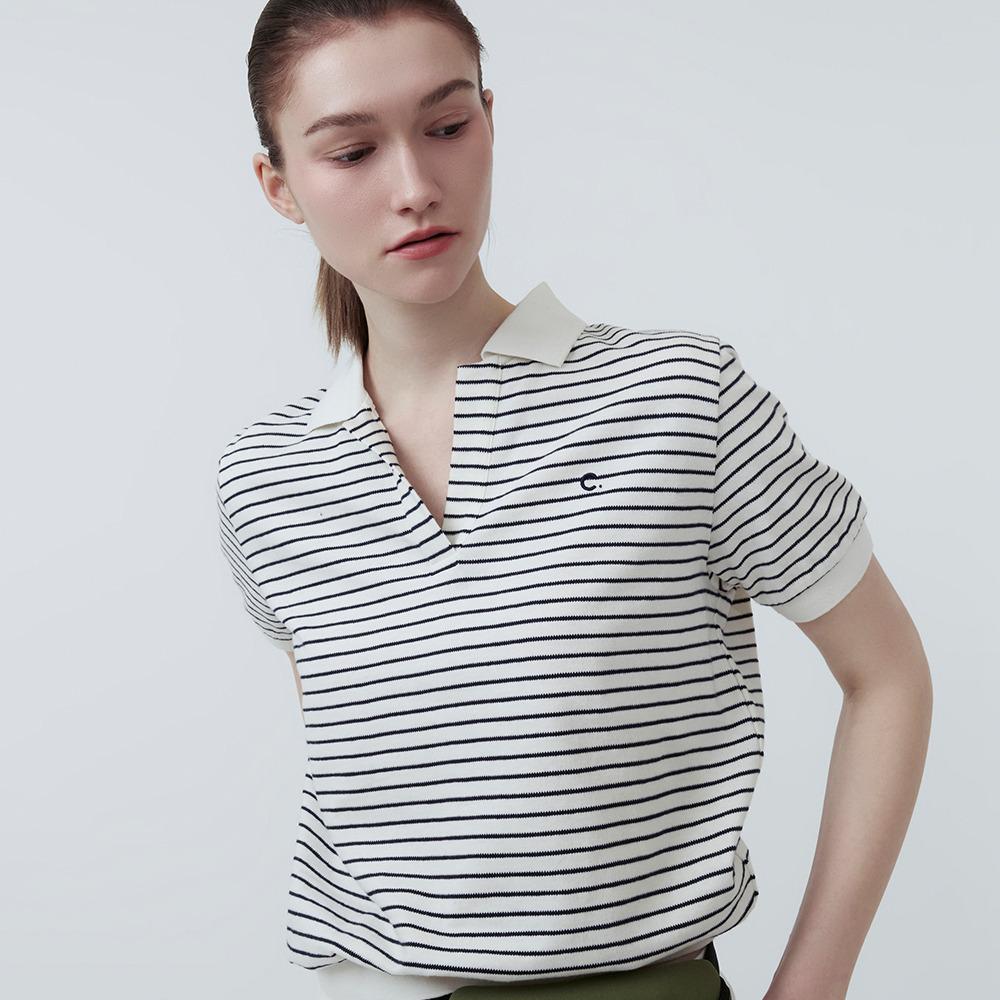 [25SS clove] Stripe Open Collar T-Shirt (Cream)
