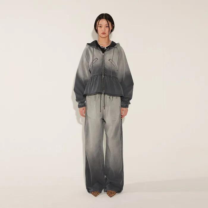 GRADATION DENIM FLARED HOOD ZIP UP [GREY]