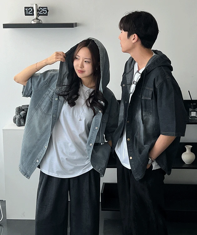 [남녀공용] 아켄 데님 후드 오버핏 반팔 자켓