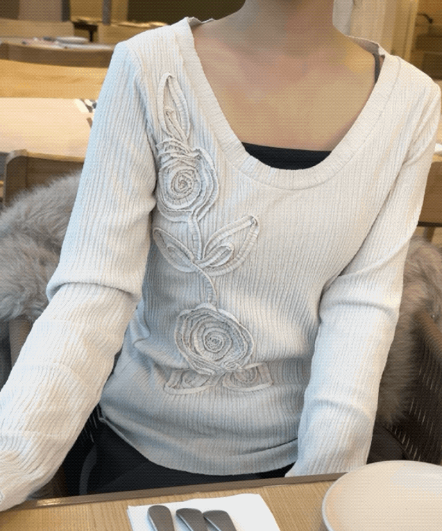 요루케 데이지 플라워 유넥 오프숄더 티셔츠 2colors 장미 장미자수 유넥티셔츠 오프숄더티셔츠 주름티셔츠 여리핏 슬림핏 러블리