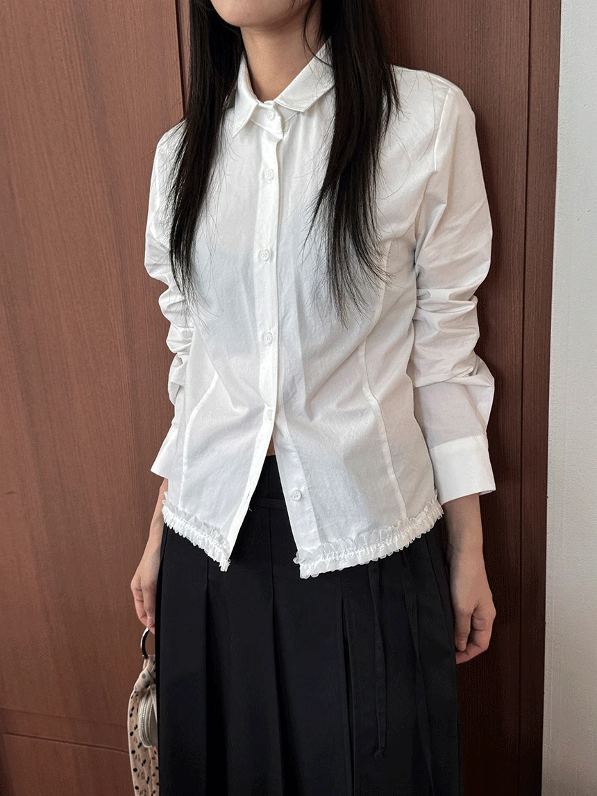 레이스 프릴 라이닝 슬림 코튼 셔츠 2color