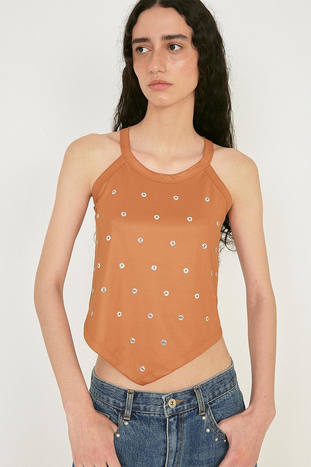 [폴리수엠] EYELET GLOSSY HALTER TOP (ORANGE)