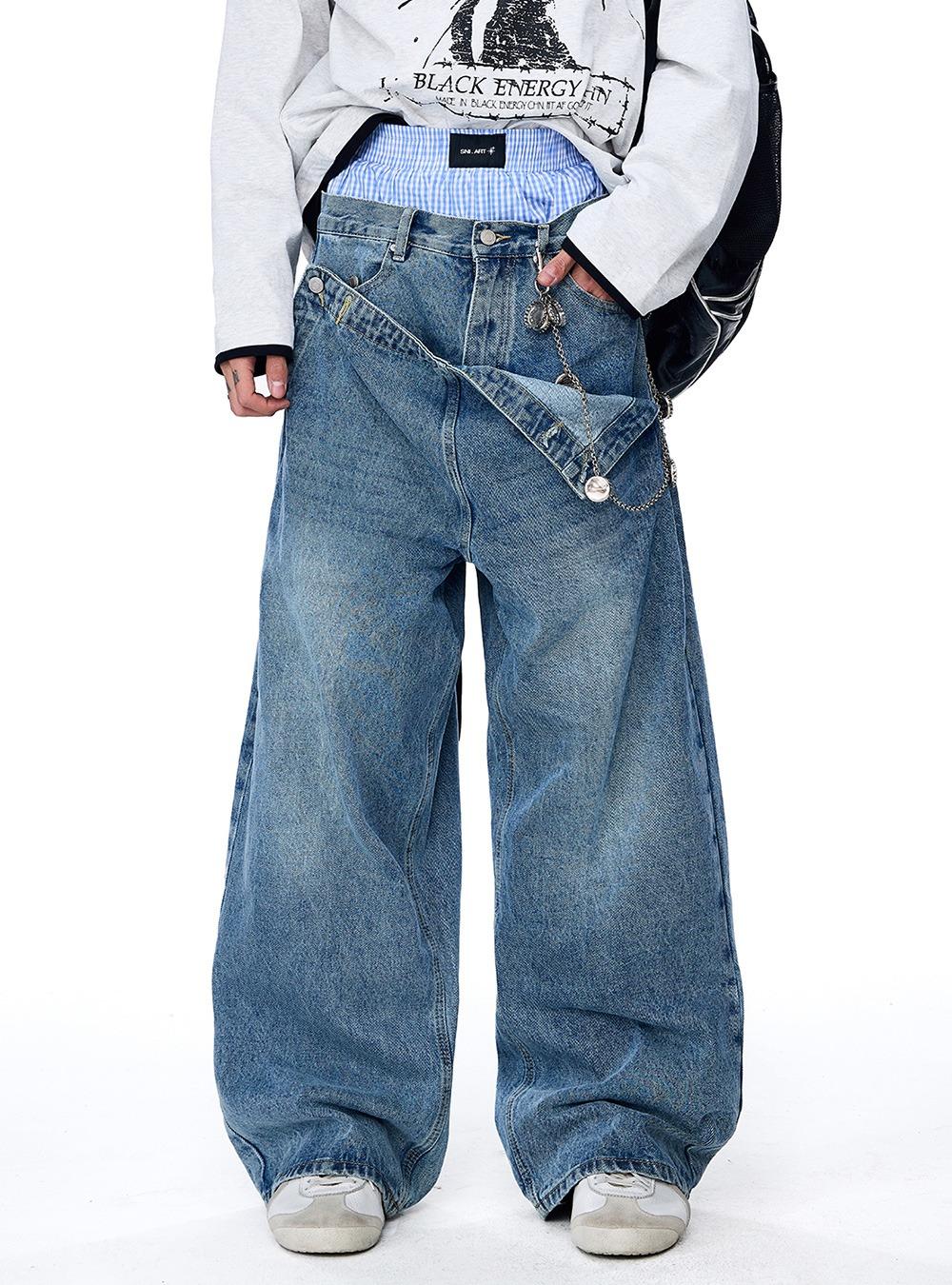 Layered Waist Washed Denim Pants