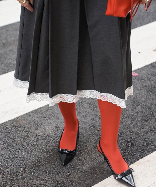 Inverted Pleat Lace Trim Midi Wool Skirt Charcoal