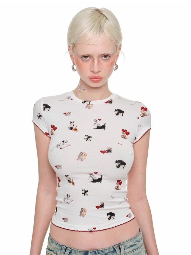 1JINN STUDIO Cat Dog Print Round-neck Short Sleeve T-shirt