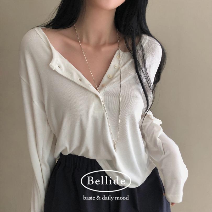 [벨리드made/여리핏!]차르르 골지 버튼 라운드 티셔츠